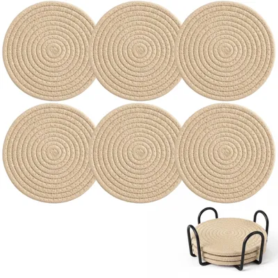 Produktbild von Geflochtene Untersetzer aus Baumwolle - 6 Stück mit Halter - Rutschfeste Tischuntersetzer für Gläser und Tassen - Durchmesser 11 cm