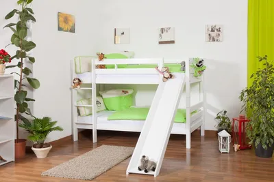 Produktbild von Hochbett mit Rutsche, weiß, Massivholz Buche, 90x200 cm, Höhe 140 cm, teilbar zu 2 Einzelbetten