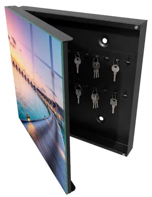 Produktbild von Schwarzer Metall-Schlüsselkasten, 30 x 30 cm – Schlüsselkasten zur Wandmontage mit Tür – Schlüsselkasten mit nach links öffnender Tür – praktischer Aufbewahrungsort für Schlüssel zu Hause – Friedlicher Sonnenuntergang, KI-generiertes Bild