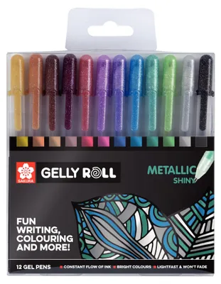 Imagen del producto de Set de bolígrafos de gel metálicos Sakura Gelly Roll con 12 colores. Ideales para escribir, dibujar, usar en bullet journals y manualidades