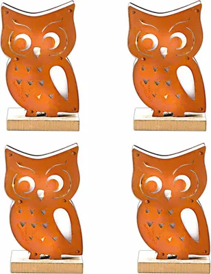 Produktbild von 4er Set LED Eule 18 cm Motivleuchte Leuchte Holz Beleuchtung Dekoration Metall Dekoleuchte Holzdeko Batteriebetrieb