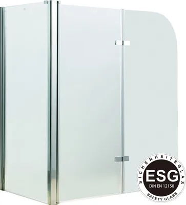 A modern glass shower enclosure with a curved corner and a hinged door.
