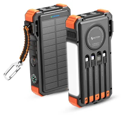 Produktbild von Siltcon® Solar Powerbank 20000mAh – Notfallset – 15W kabellos – 22,5W Schnellladen – LED – Taschenlampe – USB-C/USB-A