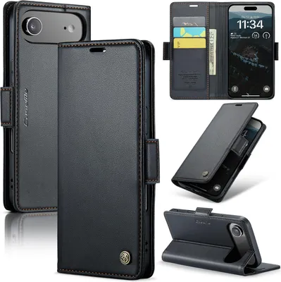 Produktbild von Lederhülle für iPhone Air Brieftasche Kartenfach Schutzhülle mit Standfunktion Schwarz