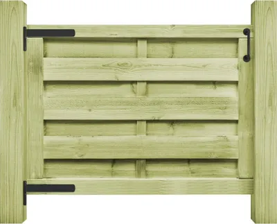 A wooden garden gate with black hinges and a black handle, shown against a white background.