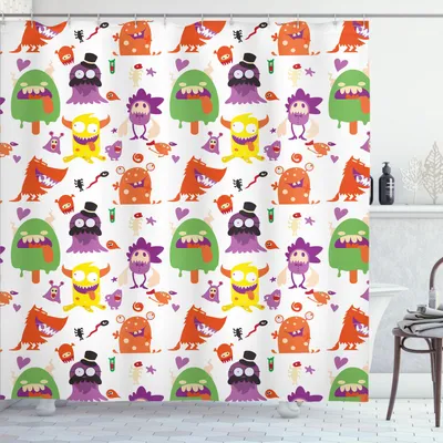 Immagine prodotto di ABAKUHAUS Tenda da doccia extraterrestre, mostri creature divertenti esseri colorati cartoni animati motivo ripetuto, 175 x 180 cm, arancione bruciato multicolore