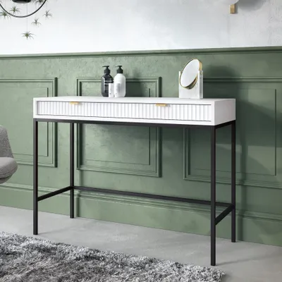 Productafbeelding van Witte, moderne, geribbelde make-up tafel KIOTO T2SZ, zwart frame, console, bureau