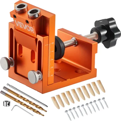 Zdjęcie produktu dla VEVOR Pocket Hole Jig Set Zestaw przyrządów do wiercenia otworów 12-48 mm z wiertłem stopniowym, kluczem sześciokątnym, pierścieniem oporowym wiertła, wiertłem kwadratowym, zaślepkami i śrubami