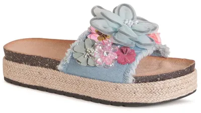 Produktbild von topschuhe24 3243 Damen XXL Plateau Pantoletten Sandalen Blume, Farbe:Blau, Größe:38 EU
