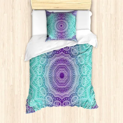 Produktbild von ABAKUHAUS Lila und Türkis Bettbezug Set, Orientalische Muster Spirutalistisch Orientale Kultureller Druck Budhismus, 135 x 200 cm + 80 x 80 cm, Aqua Lila
