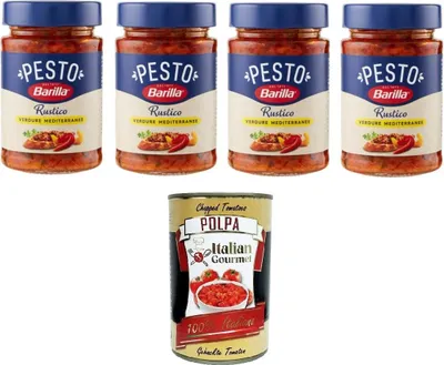 Produktbild von Barilla Pesto Rustico Verdure Mediterranee Condimento e Sugo per Pasta Rustic Pesto, mediterrane Gemüsegewürz- und Pastasauce 4x200gr + Italian Gourmet polpa 400g