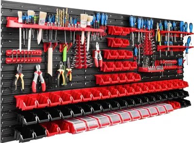 Immagine prodotto di Sistema di stoccaggio Scaffale da officina | 172 x 78 cm | 74 pezzi Scatola | Scaffale a muro con supporti per utensili e scatole impilabili - Pannelli a muro Scaffale extra forte Scaffale forato per utensili Scaffale da magazzino Scaffale da garage