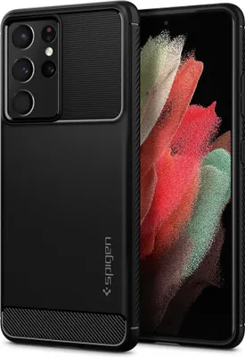 A black phone case is shown next to a smartphone with a colorful wallpaper.