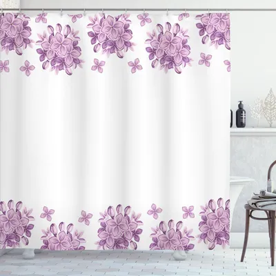 Image de Rideau de douche ABAKUHAUS Fleurs, fleurs violettes graphiques sur fond blanc, illustration printanière et naturelle, 175 x 200 cm, lilas et blanc