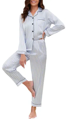 Produktbild von Damen Satin Pyjama Set - Zweiteilige Nachtwäsche - V-Ausschnitt Top mit Knopfverschluss - Lange Ärmel - Elastische Hose - Atmungsaktiv und Bequem