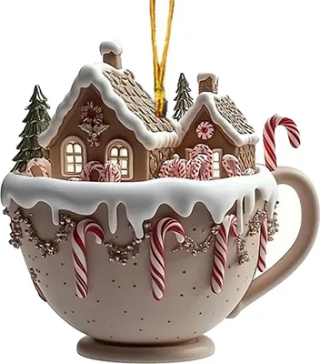 Produktbild von Haus-Kaffeetassen-Ornament aus Acryl, Schnee-Lebkuchenhaus-Weihnachtsbaumschmuck, Weihnachtsdekoration für Baum, Rucksack, Schlüsselanhänger