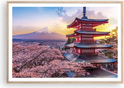 Produktbild von Gerahmtes Poster - Rahmen in heller Eiche - Fuji Choreito Pagode - 100x70 cm - Wand Bild - Wanddeko - Wandbilder - Kunstposter - Wandposter - Bilderrahmen - Bilder - Kunstdruck - P2NAA100x70-4547