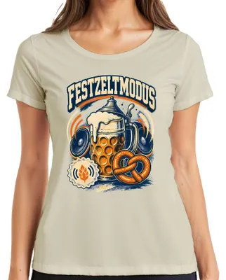 Produktbild von Festzeltmodus Wiesn Maßkrug Brezel Lederhose Dirndl Damen T-Shirt, Natur, L
