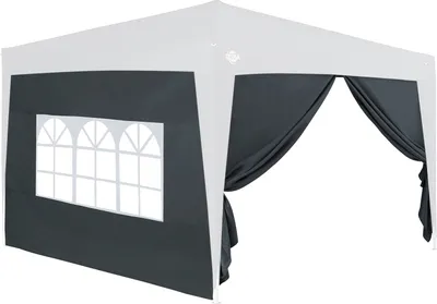 A white and dark gray gazebo with windows and curtains, isolated on a white background.