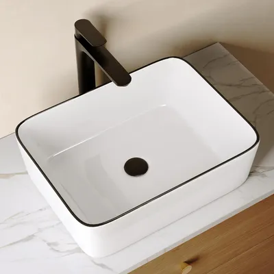 Produktbild von DeerValley  DV-1V0002 keramik Waschbecken, rechteckiges Waschbecken über der Theke, weißer Korpus mit schwarzem Rand 47,5(L)x37,5(B)x14(H)cm
