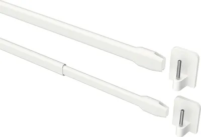 Two white telescopic rods and two white adhesive hooks against a white background.