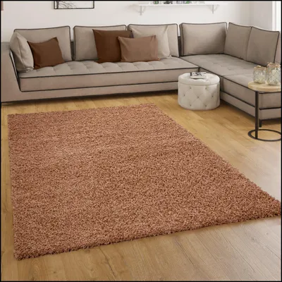 Image de Tapis Shaggy à poils longs Sky, couleur unie terracotta, taille Ø 120 cm, rond