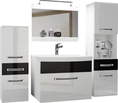 Produktbild von BELINI Badmöbel Vollausstattung Set Waschbeckenschrank, 1x kleiner Schrank, 1xHochschrank, Waschbecken, Spiegel, Lampe (Weiß/ Schwarz, Glänzend)