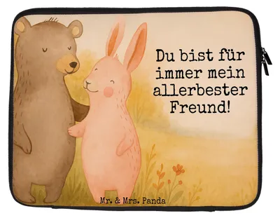 Produktbild von Mr. & Mrs. Panda Laptop Tasche Bär und Hase Umarmen Design 27 x 36 cm - Weiß - Geschenk, Laptoptasche, Laptophülle, Beste Freundin, Notebooktasche, Freunde, Sleeve, Hülle