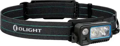 A black and blue headlamp with the brand name 'OLIGHT' visible on the strap.
