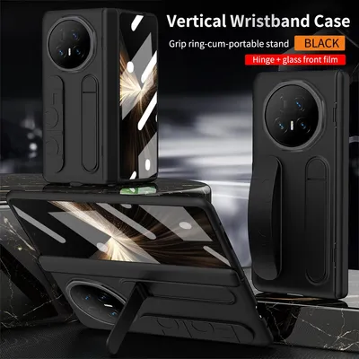 A black phone case with a wristband and stand is displayed from multiple angles, with text overlays describing its features.