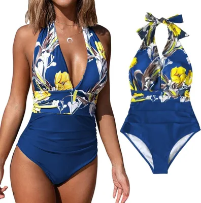 Immagine prodotto di Costume intero da bagno - donna - fantasia floreale - per la piscina - con lacci - scollatura sul retro - blu navy - taglia S