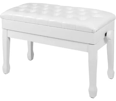 Image de Banc de piano réglable pour deux personnes - Double assise avec espace de rangement - Structure en bois - Assise en cuir véritable - Dimensions : 73 x 36 x 49–59 cm - Blanc