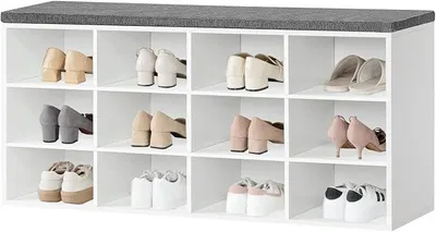 Imagen del producto de Zapatero con 12 compartimentos, estante para zapatos con banco acolchado, armario para zapatos, ideal para pasillos, salones y dormitorios. Color blanco y gris claro (Greige). Modelo EWT67HX01