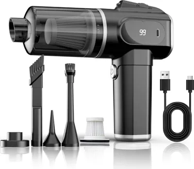 A black and silver portable car vacuum cleaner with various attachments and a USB charging cable, displayed on a white background.