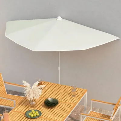 An outdoor dining set with a half-umbrella.
