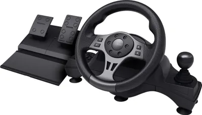 A racing wheel and pedal set is shown against a white background.