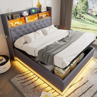 Productafbeelding van Boxspringbed 160x200 cm met USB-oplaadpoort, LED-verlichting en hydraulische opbergruimte, bekleed met linnenstof in de kleur grijs, inclusief hoofdbord