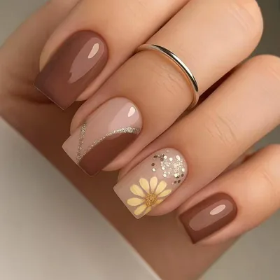 Image de Ongles factices 24 pièces, design floral automnal marron, ongles courts et carrés à coller, kit de manucure DIY