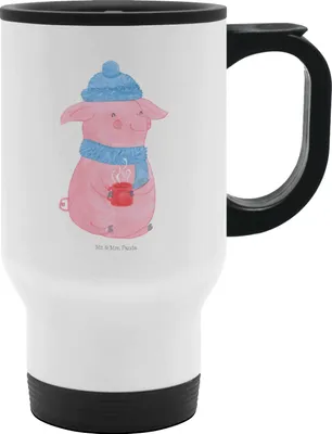 Produktbild von Mr. & Mrs. Panda Thermobecher To Go Schwein Glühwein - Weiß - Geschenk, To-Go-Becher, Teebecher, Glühschwein, Weihnachtsmarkt, Advent, Isolierbecher, thermosbecher