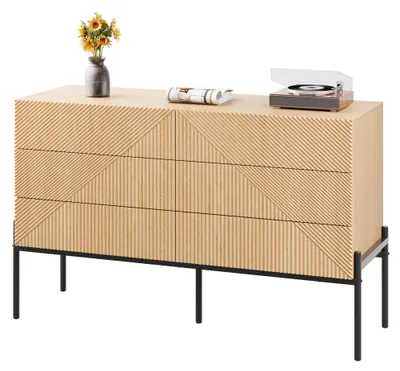 Image de Buffet 3D texturé, six tiroirs, idéal pour le salon ou la salle à manger, meuble multifonctionnel de rangement, finition bois naturel