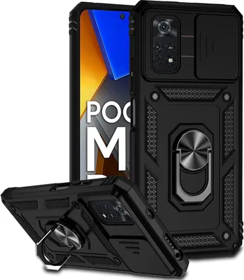 Produktbild von Xiaomi Poco M4 Pro 4G Hülle mit Schiebe Kamera Schutz und Ringhalter Ständer Robust Rüstung Schutzhülle für Xiaomi Poco M4 Pro 4G Schwarz