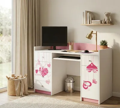 Image de Happy Babies Bureau avec tablette clavier Bureau enfant 125x89x60 Bureau PC fille avec tablette clavier blanc rose Table informatique motif cœur