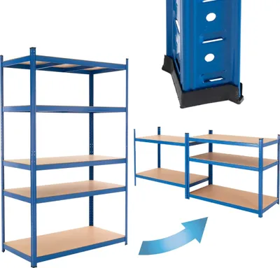 Produktbild von ECD Germany Dílenské regály pro vysoké zatížení 200x100x60 cm, modré, z práškově lakovaného kovu, s 5 policemi z MDF dřeva, nosnost až 875 kg