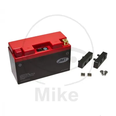 A product shot of a battery and its accessories on a white background.
