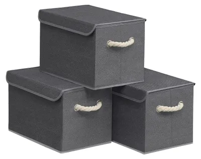 Image de Boîtes de rangement avec couvercle, lot de 3, pliables, en tissu, organiseurs de rangement, pour armoire, avec poignées, pour chambre à coucher, salon, 38 x 25 x 25 cm