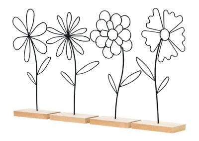 Produktbild von Blumen Deko Aufsteller 4er Set Metall Schwarz MDF Holzsockel Modern Tischdeko Frühling Wohnzimmer Dekoration Fensterbank Skulptur Kunstblumen Draht De