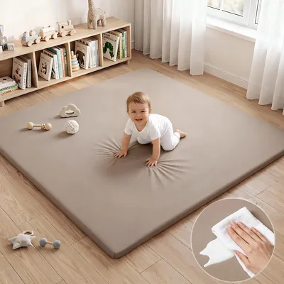 Produktbild von Comomy Baby Spielmatte 127x127cm Einfarbig Leder Krabbelmatte Weich Gepolstert Abwischbar Bodenmatte für Babys Laufgitter Braun