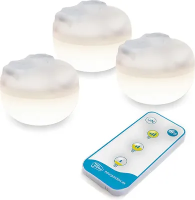 Three portable LED lights and a remote control are displayed against a white background.