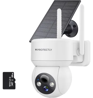 Produktbild von Protectly® 3K Solar Überwachungskamera Außen – kabellose WLAN Kamera mit 5MP, Nachtsicht, 355° PTZ, 64GB SD & App