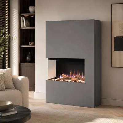 Produktbild von Glow Fire Elektrokamin 'Portia ' Linksoffen mit Deluxe Echtholz| LED Standkamin in grau mit Heizung (1500 W) | HxBxT: 140x90x45 cm